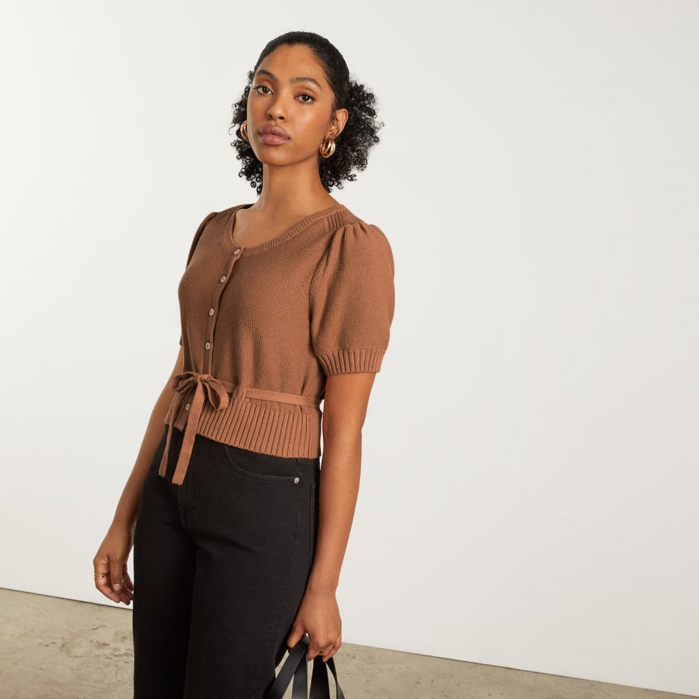 The Puff Sleeve Sweater Top in Tawny Brown — detail view