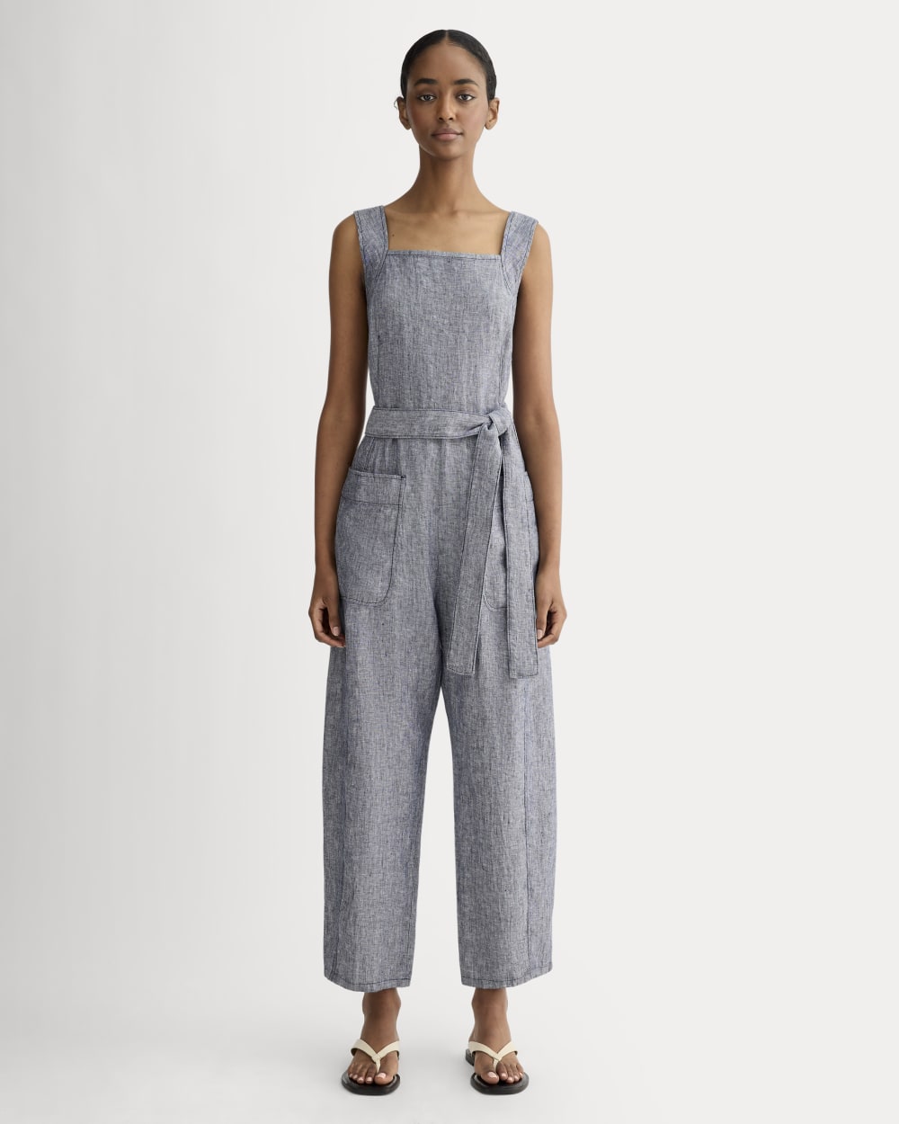 The Utility Coverall in Linen in Navy Chambray — front view