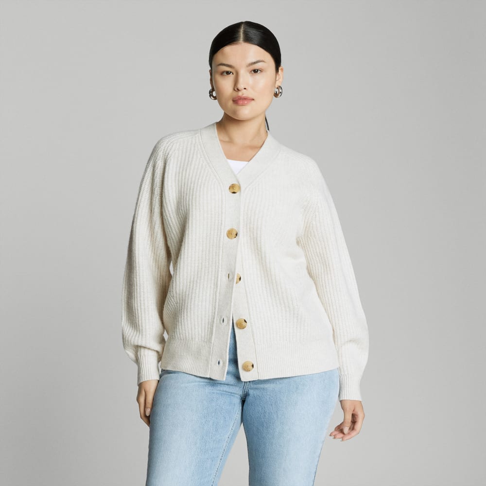 The Felted Merino Cardigan in Heathered Oat — front view