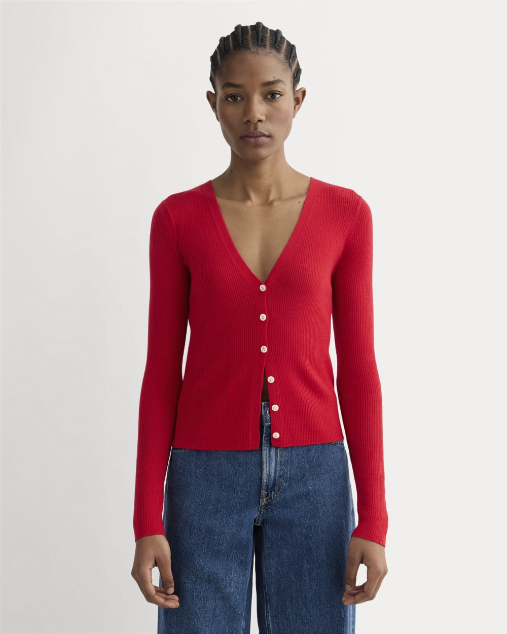 The Cardigan in Ultrasoft Merino in Classic Red — front view