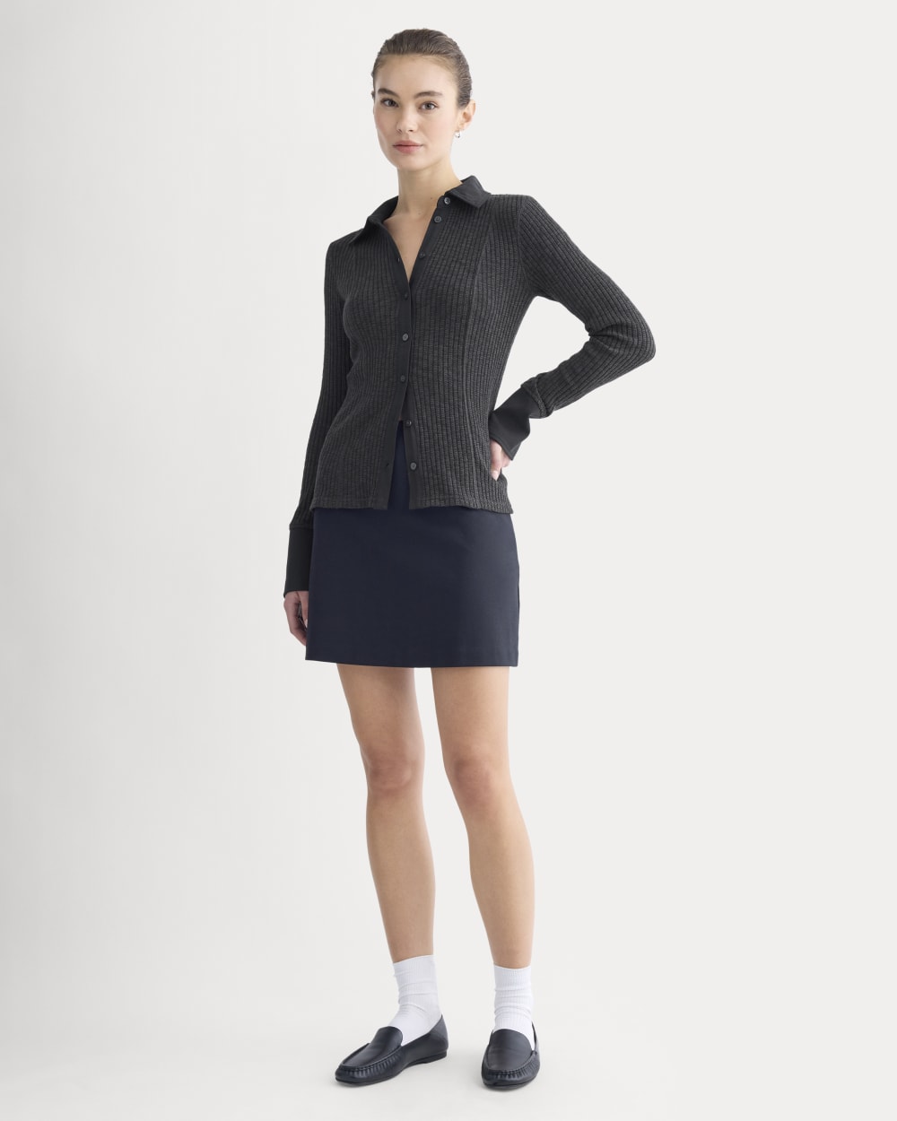 Cozy Rib Button-Up in Black — detail view