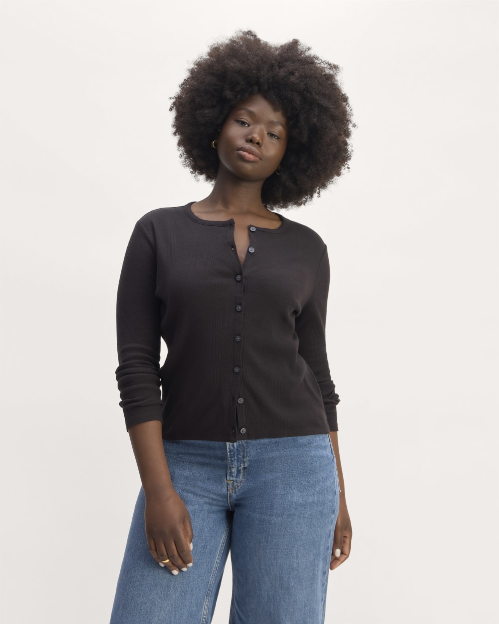 The Vintage Rib Cardigan in Black — front view