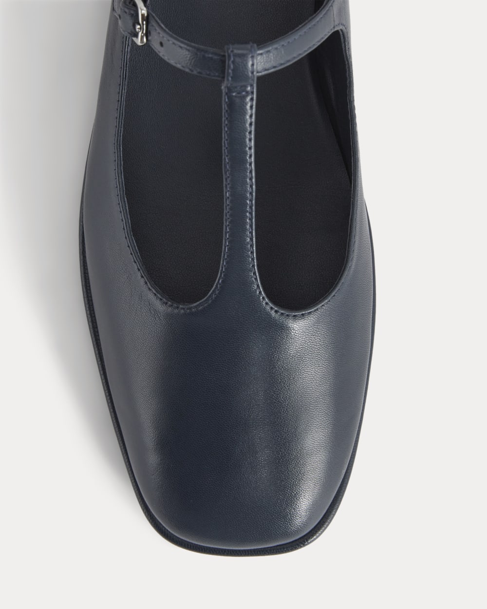 The Leather T-Strap Flat in Navy — detail view