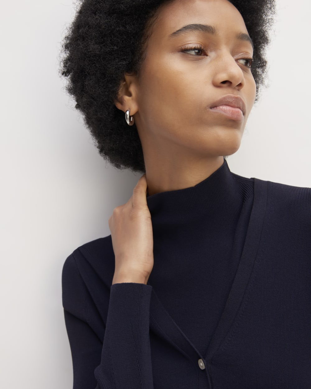 The Viscose Knit Cardigan in Navy — detail view