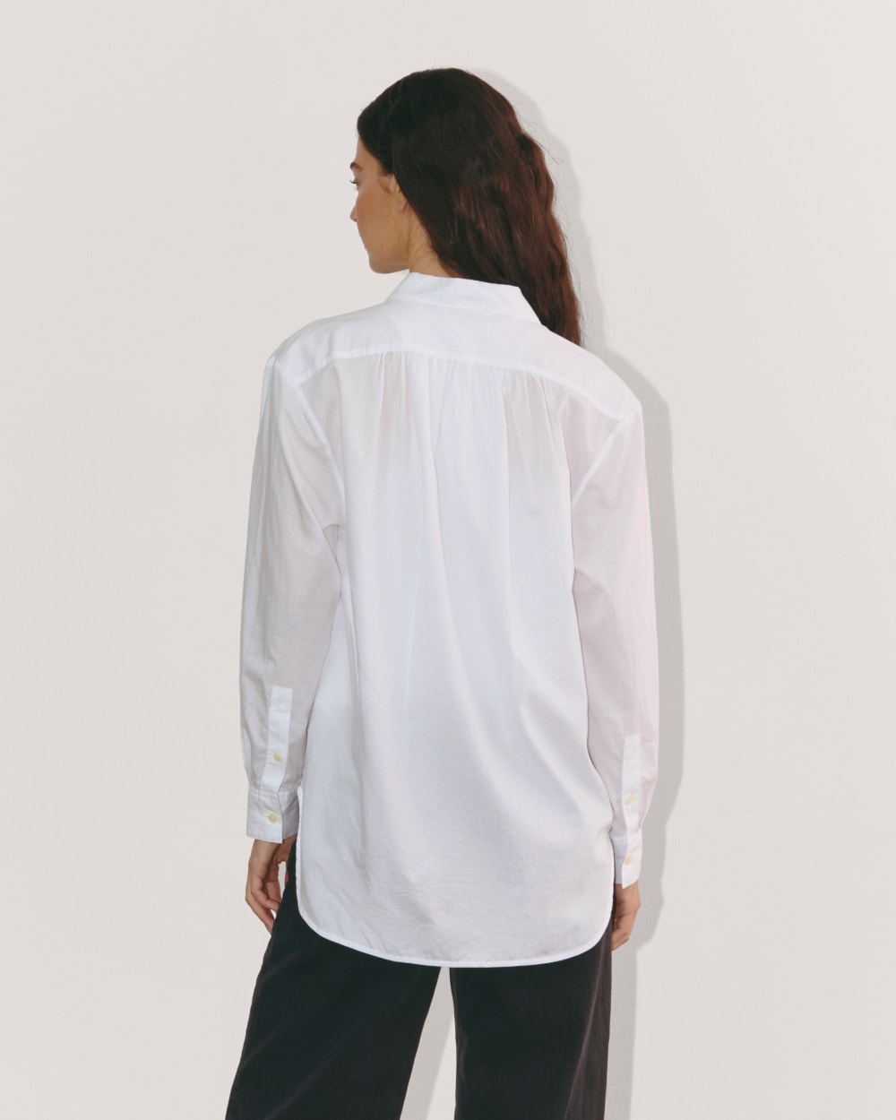 The Gathered Shirt in Silky Cotton in White — detail view