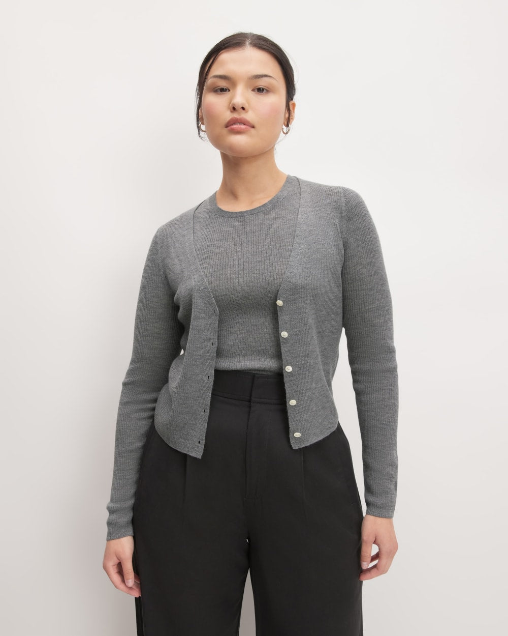 The Cardigan in Ultrasoft Merino in Heather Mid Grey — front view