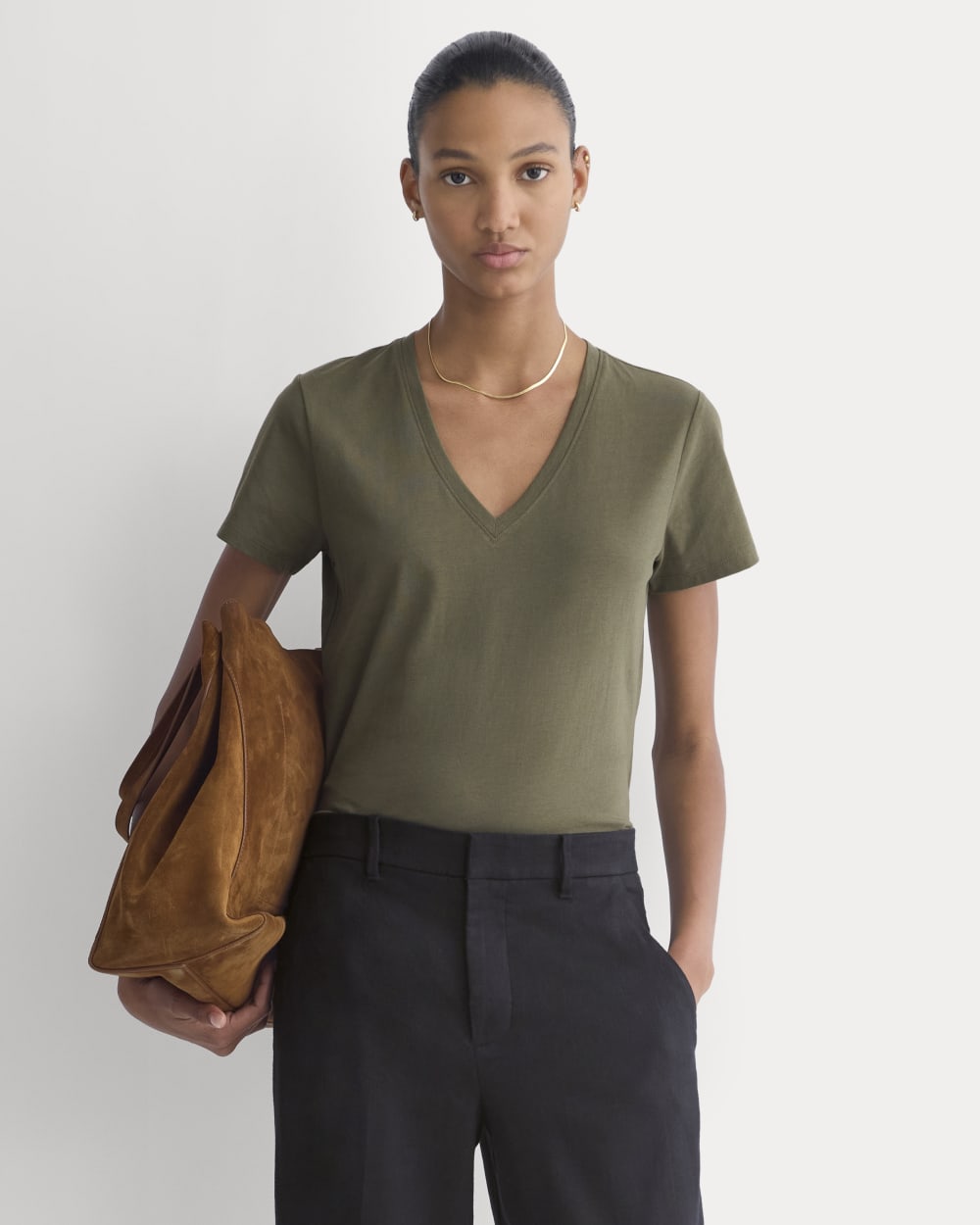 The Slim V-Neck Tee in Essential Cotton in Olive Night — front view