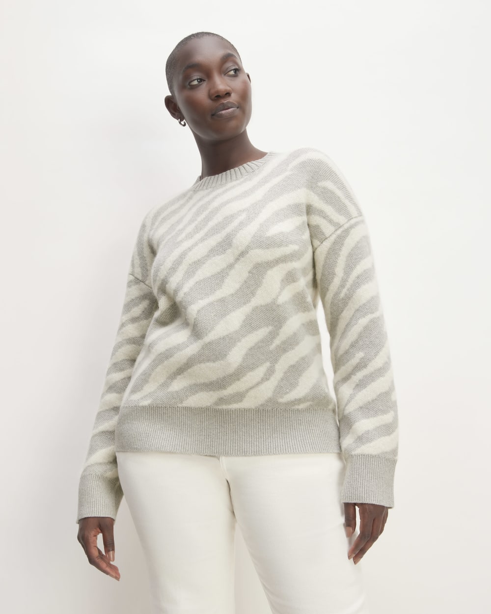 The Alpaca Tiger Jacquard Crewneck in Heathered Grey / Snow — front view