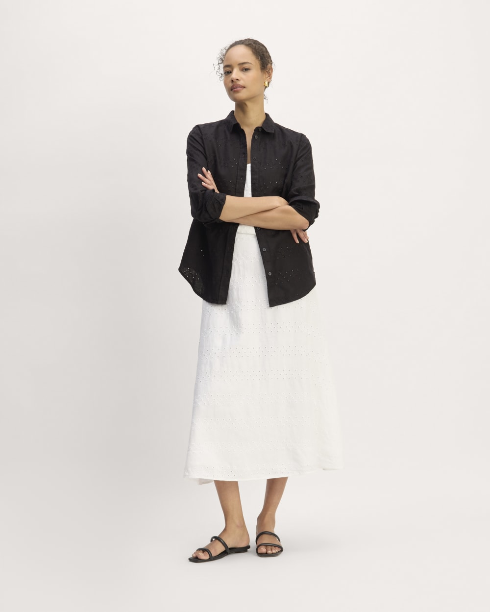The Linen Eyelet Relaxed Shirt in Black Eyelet — detail view