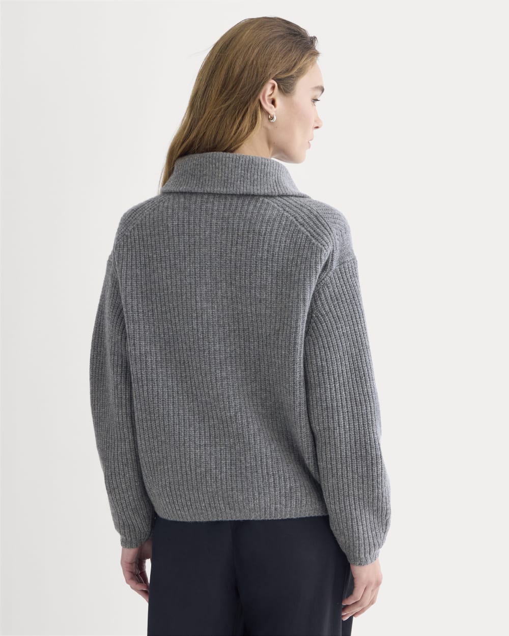The Half-Zip Sweater in Luxe Merino in Heathered Mid-Grey — detail view