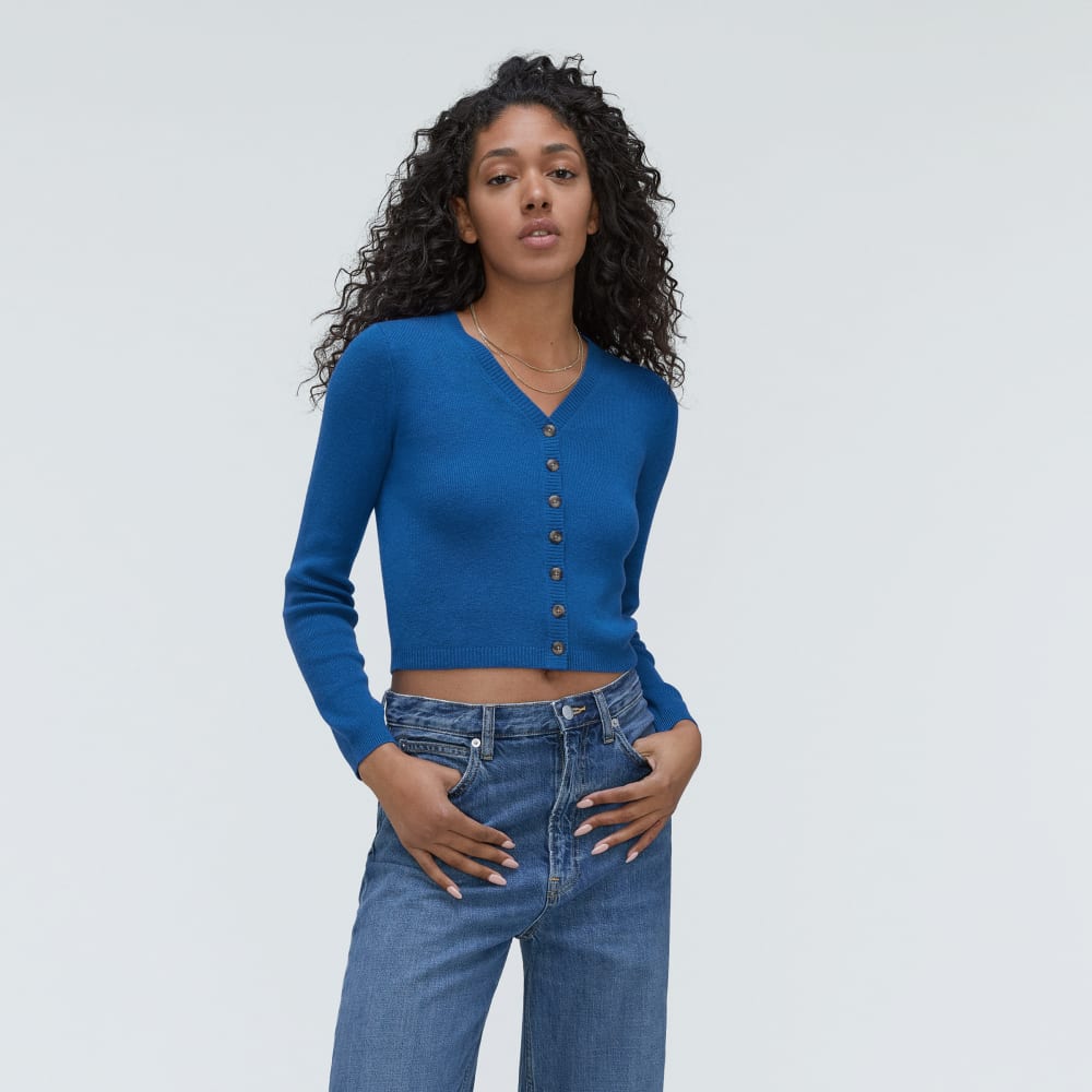 The Luxe Merino Cardigan in Lapis Blue — front view