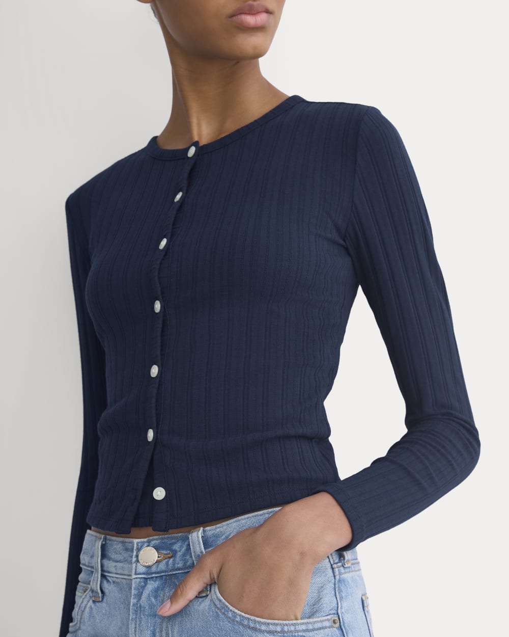 Cardigan in Pointelle in Deep Navy — detail view