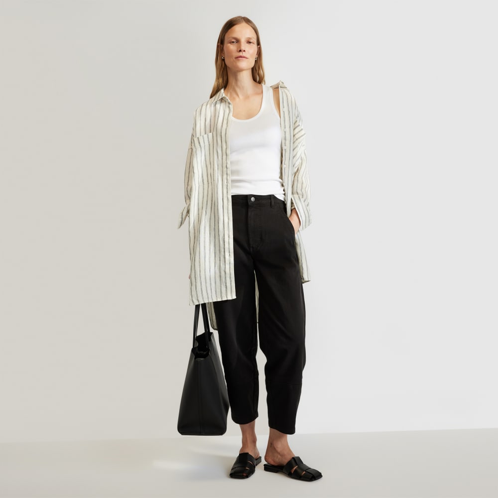 The Way-Long Linen Shirt in Black / Canvas Tan — detail view