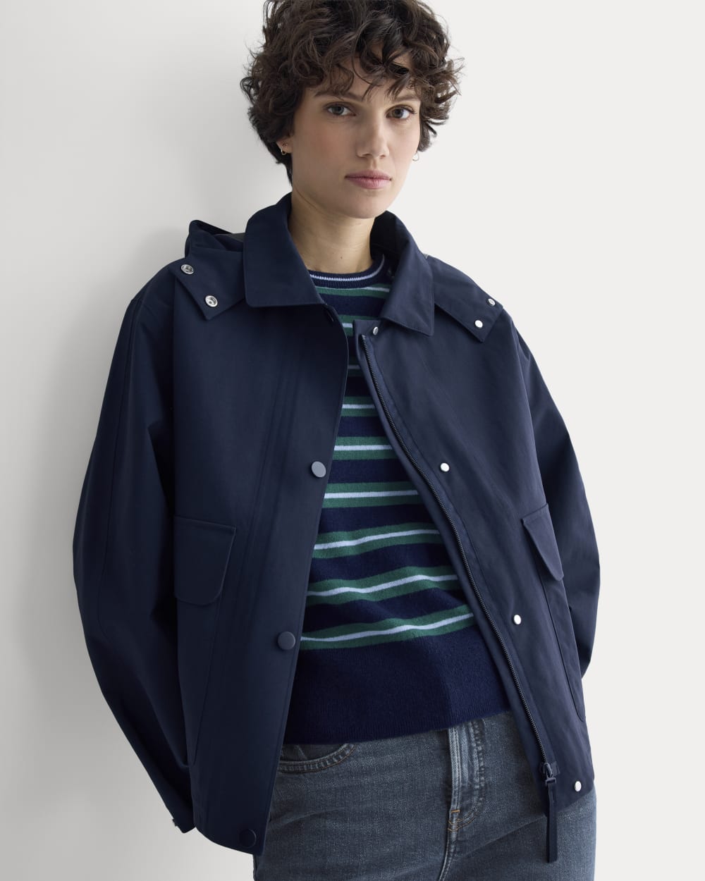 Re:Cycled Nylon Barrel Jacket in Deep Navy — front view