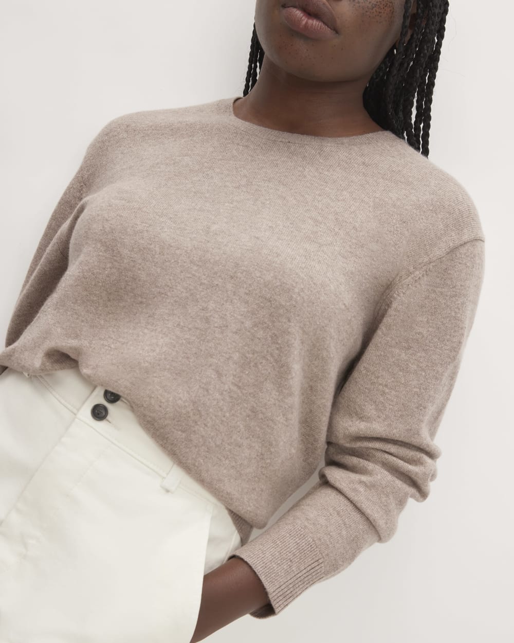 The Classic Crew in Cashmere in Toasted Sesame — detail view