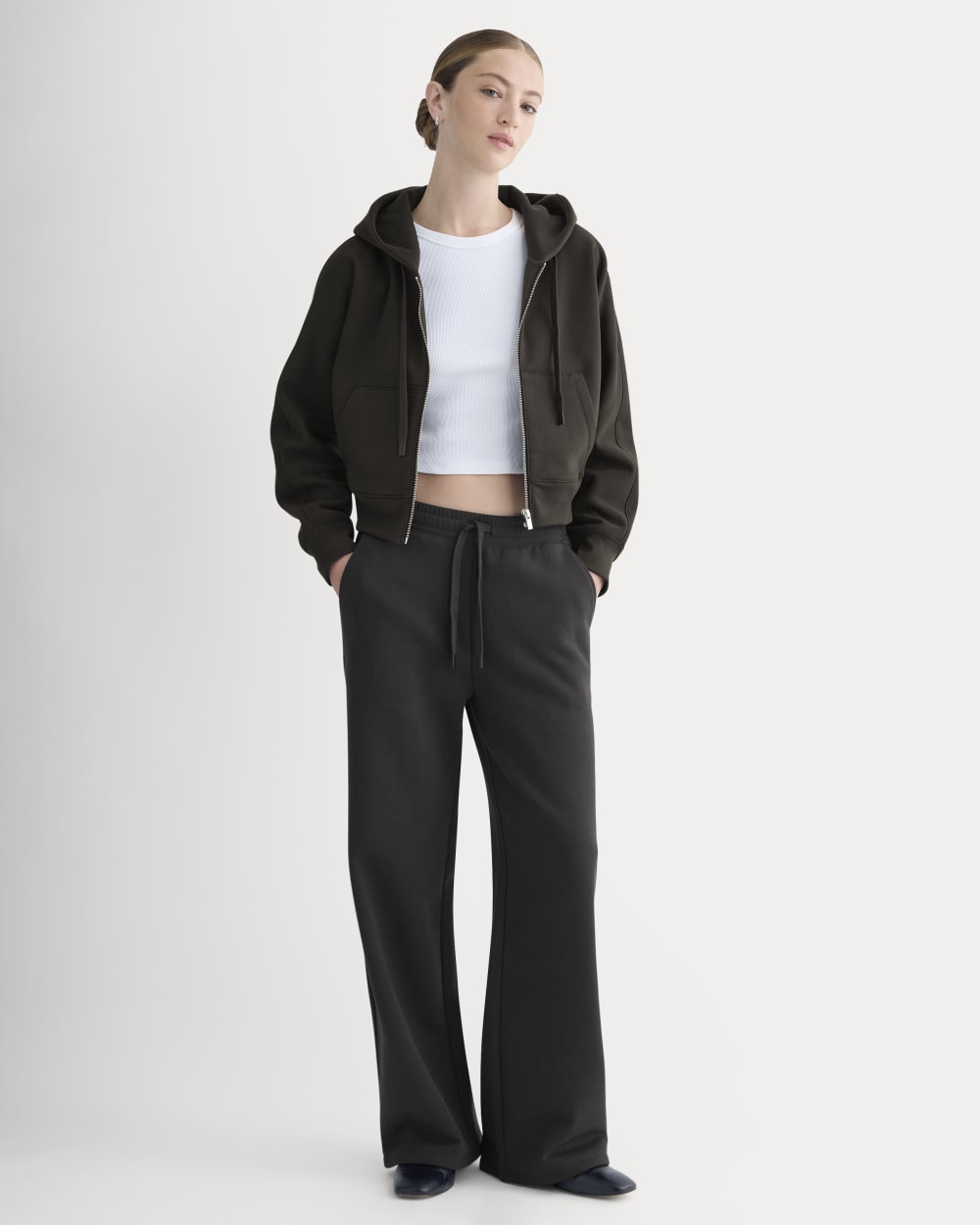 Luxe Fleece Full-Zip Cropped Hoodie in Black — detail view