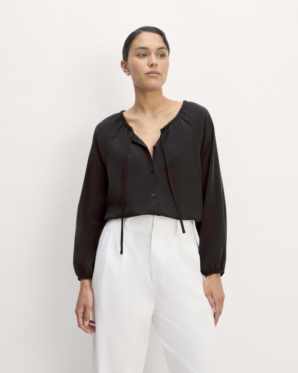The Gathered Shirt in Butterlite in Black — front view