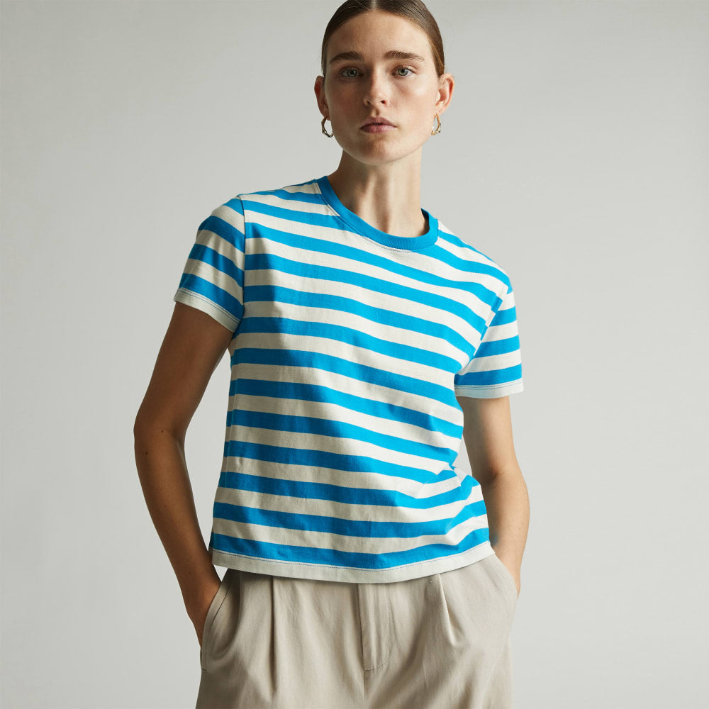 The Box-Cut Tee in Essential Cotton in Horizon Blue / Canvas Tan — front view
