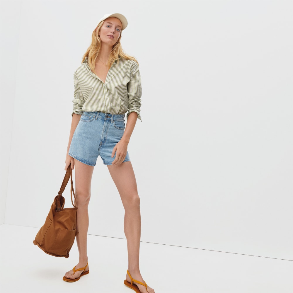 The A-Line Denim Short in Powder Blue — detail view