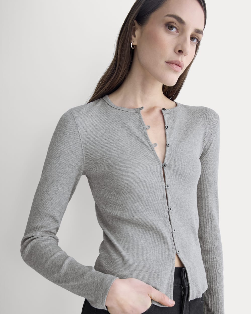 Luxe Rib Button-Up Top in Heathered Light Grey — front view