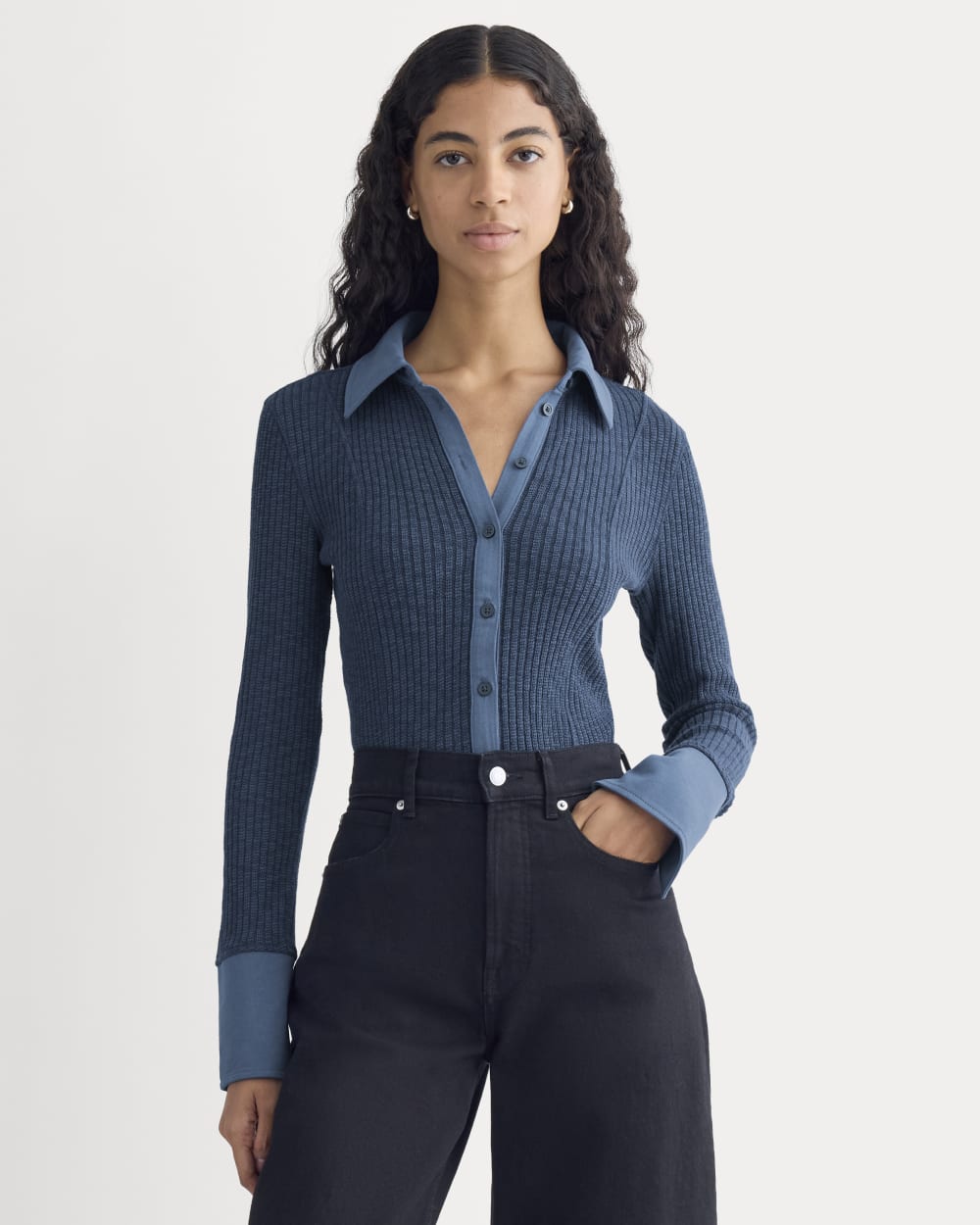 Cozy Rib Button-Up in Mood Indigo — front view