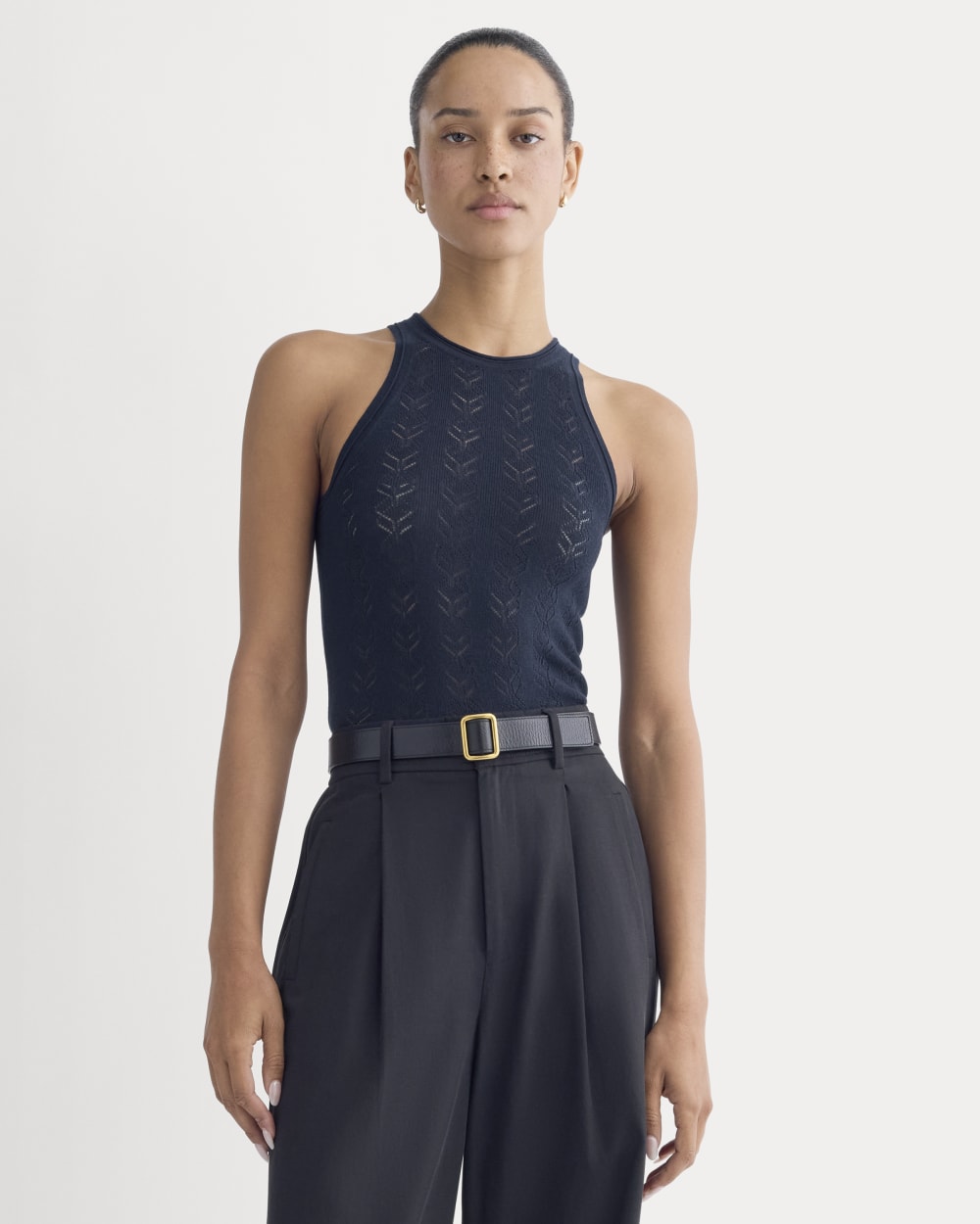 The Pointelle Racerback Tank in Ultrafine Merino in Navy — front view