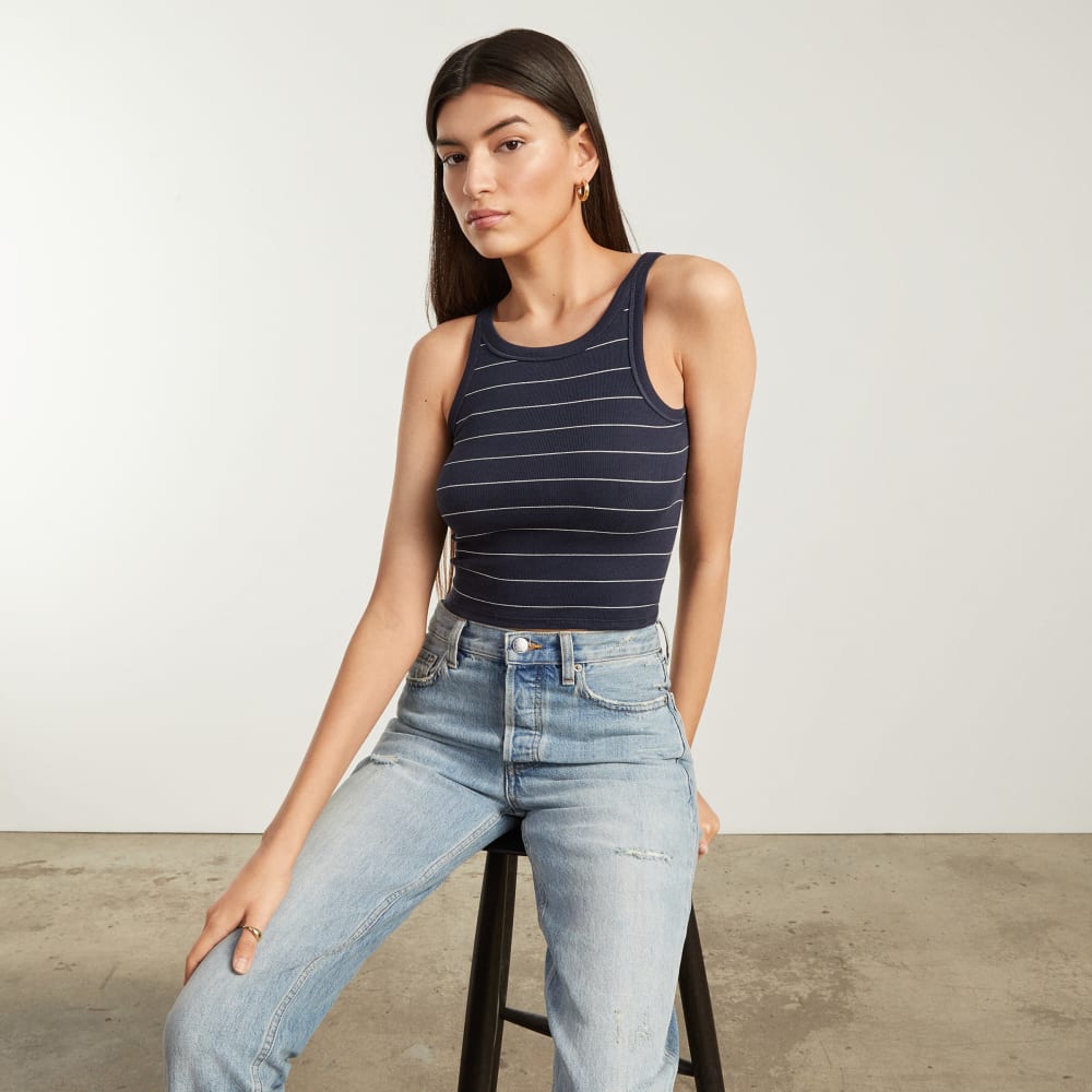 The Pima Micro-Rib Short Tank in Navy / White — detail view