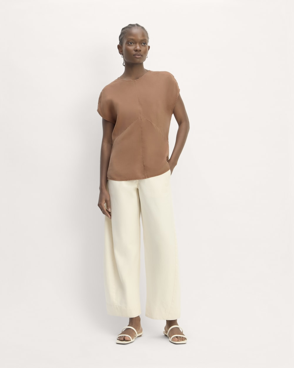 The Drape Top in Butterlite in Carob Brown — detail view