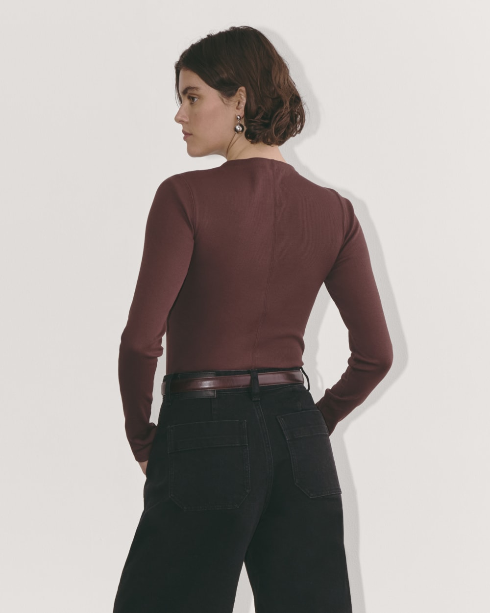 The Luxe Rib Funnel-Neck Tee in Dark Mahogany — detail view