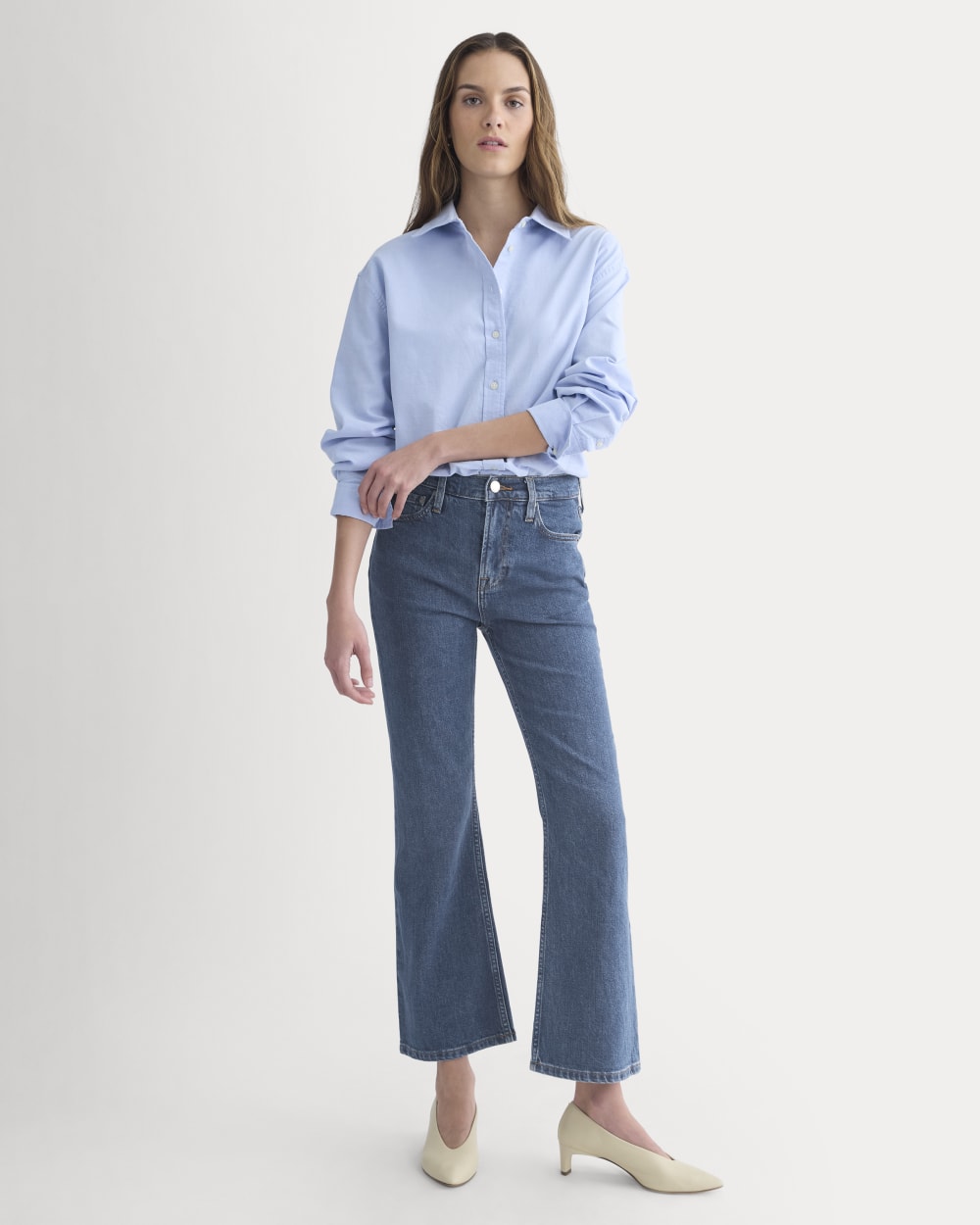 High-Rise Kick Flare Jean in Ocean — front view