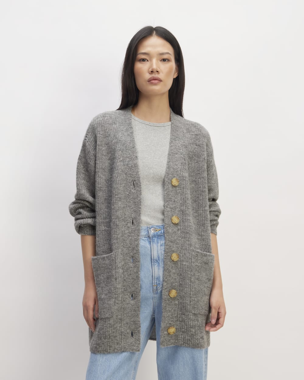 The Oversized Alpaca Pocket Cardigan in Heathered Stone — front view