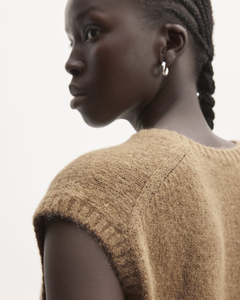 The Alpaca V-Neck Vest in Tiger's Eye — detail view