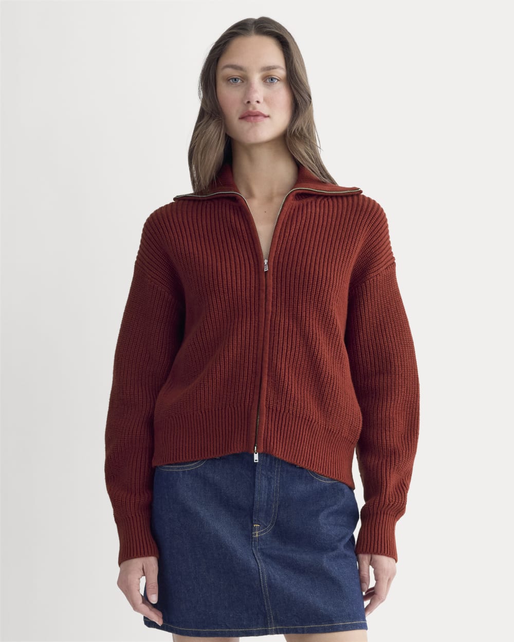 The Full-Zip Sweater in Everyday Cotton in Merlot — front view