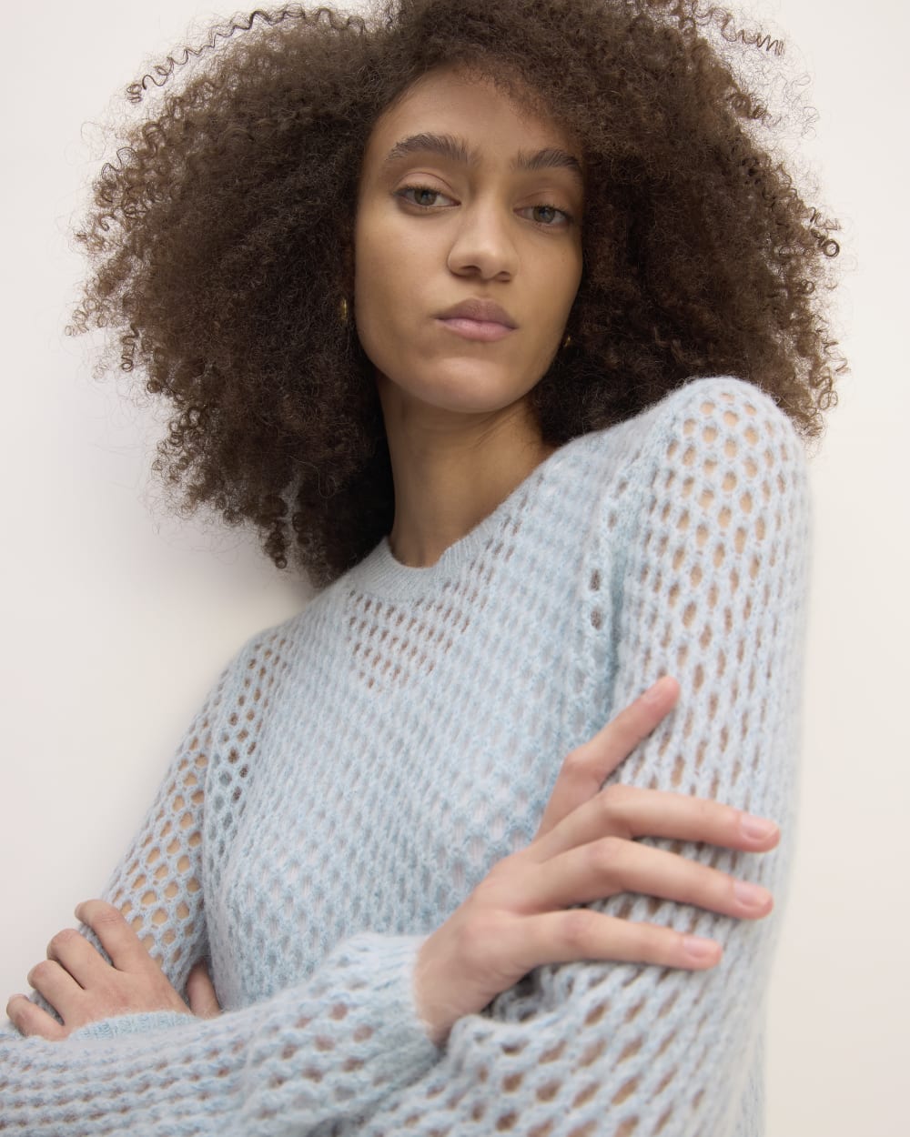 The Everlane x Marques' Almeida Alpaca Mesh Tunic in Mist — detail view