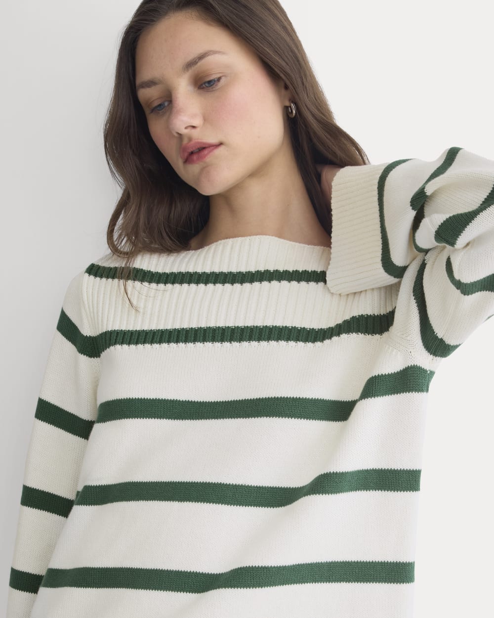 Striped Boatneck Sweater in Everyday Cotton in Hunter Green/Bone — detail view