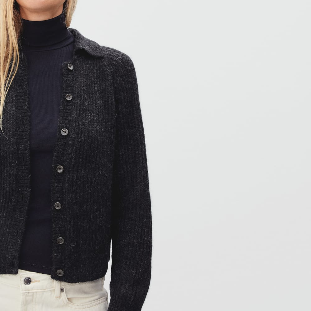 The Alpaca Collared Cardigan in Heathered Black — detail view