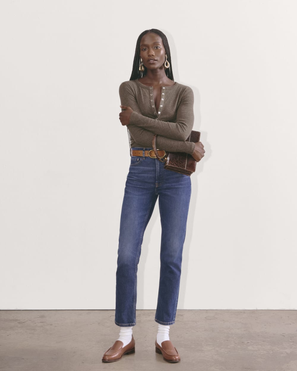 The Luxe Rib Henley in Heathered Fatigue — detail view
