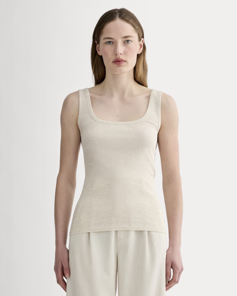 The Luxe Rib Square-Neck Tank in Heathered Oat — front view