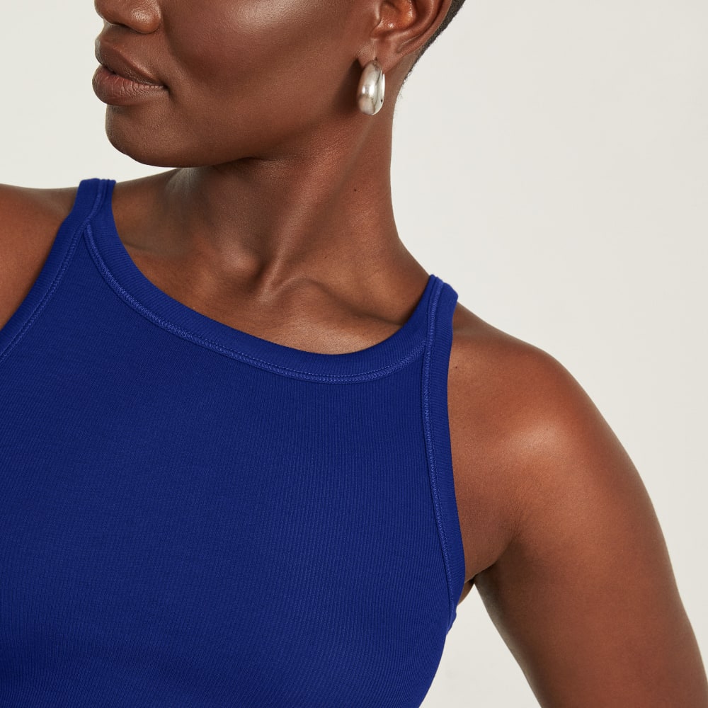 The Pima Micro-Rib Short Tank in Cobalt — detail view