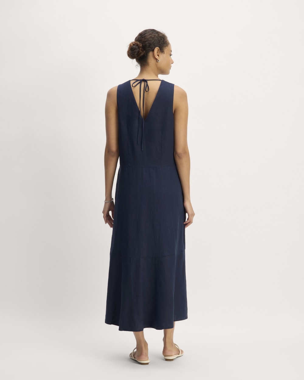 The Linen V-Neck Maxi Dress in Navy — detail view