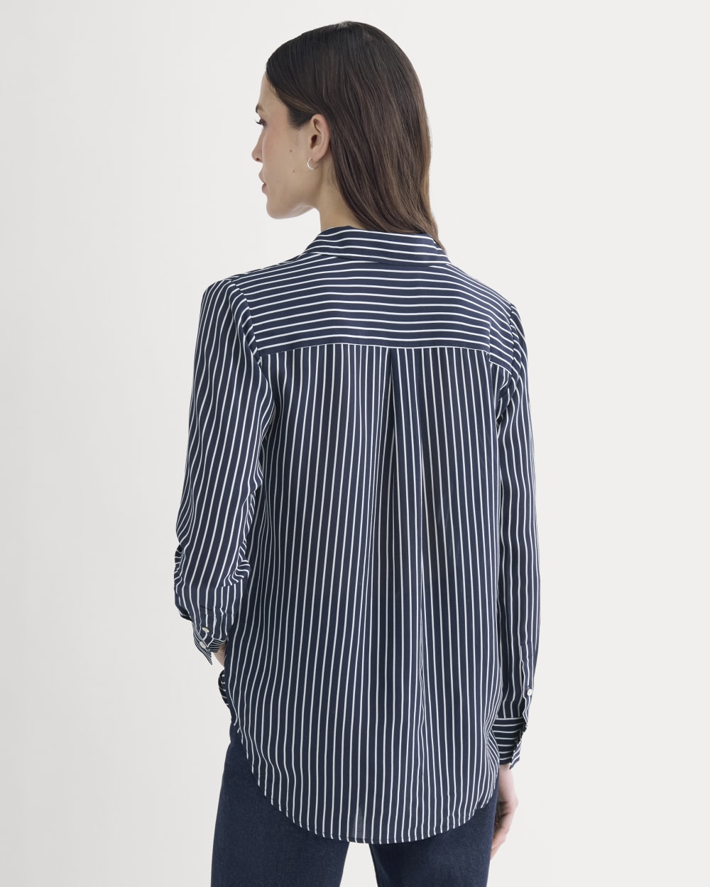 The Must-Have Shirt in Washable Silk in True Navy / Bone Stripe — detail view