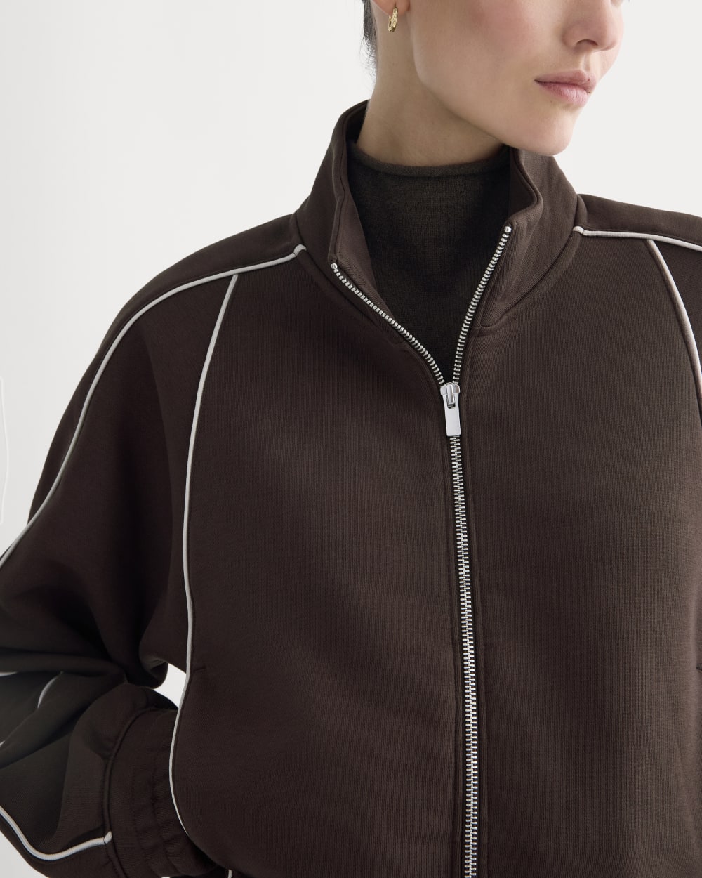 Luxe Fleece Track Jacket in Dark Chocolate — detail view