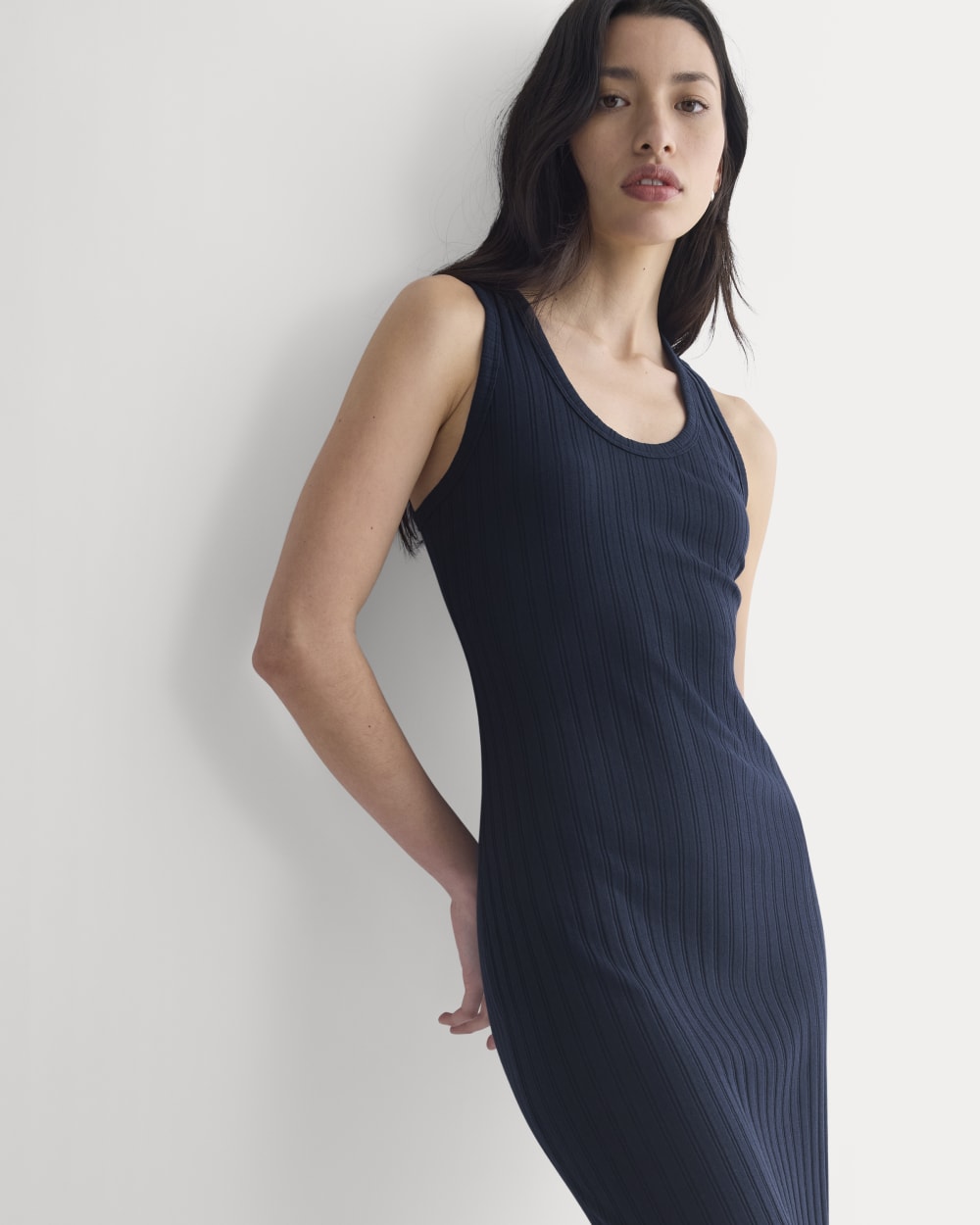 Scoop-Neck Midi Dress in Pointelle Knit in Deep Navy — detail view