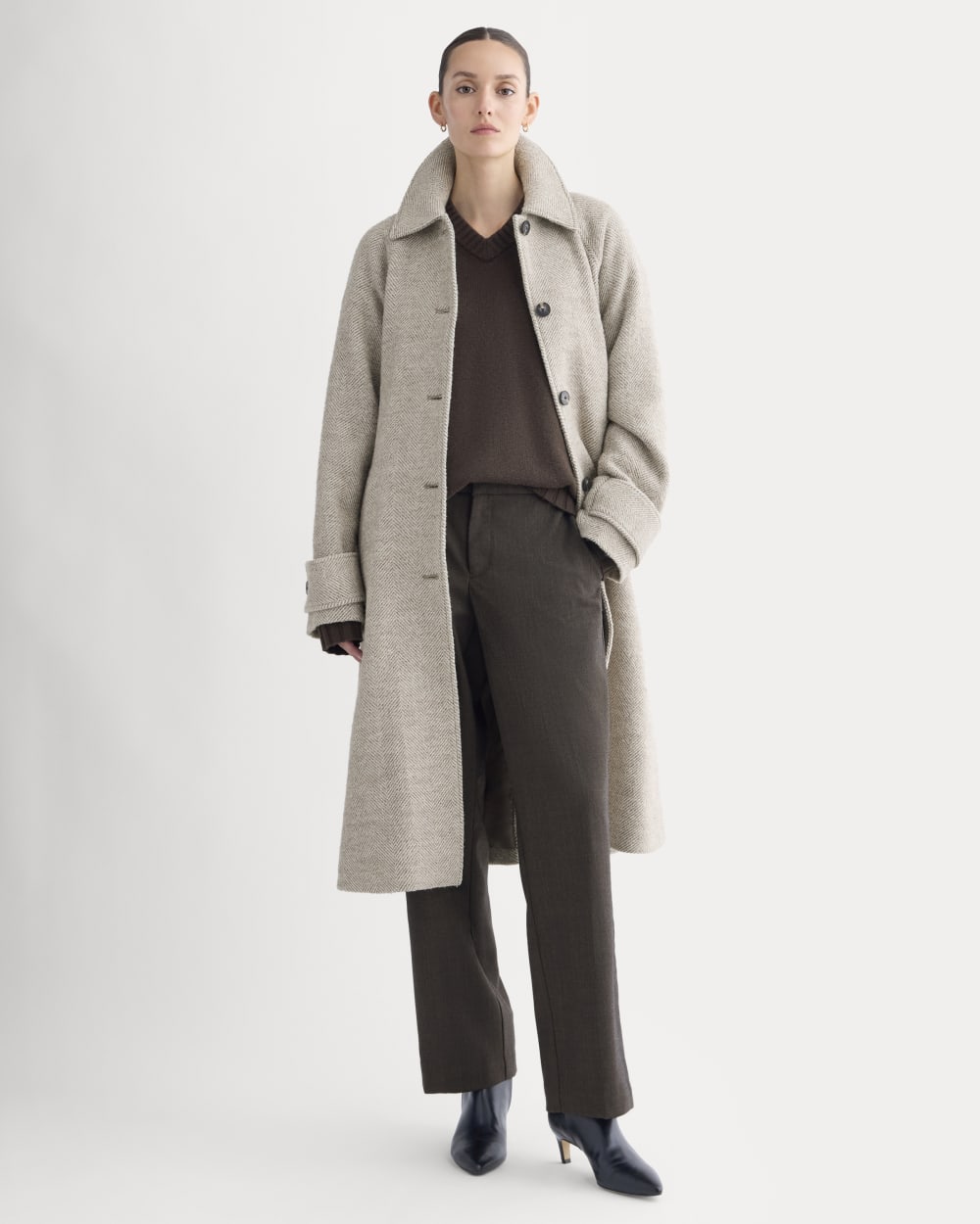 Italian Belted Overcoat in Taupe Herringbone — front view