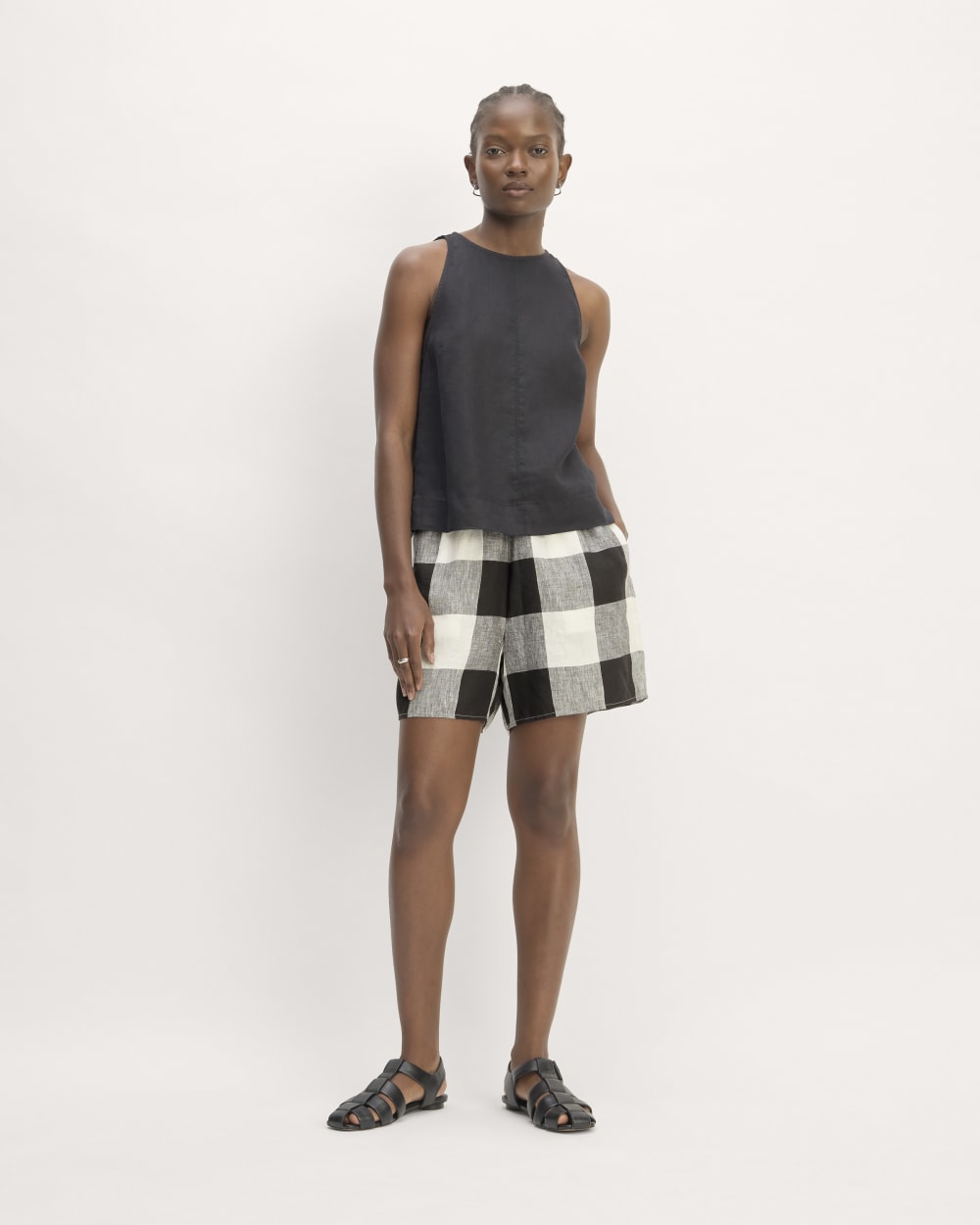 The Linen Easy Short in Bone / Black Check — front view