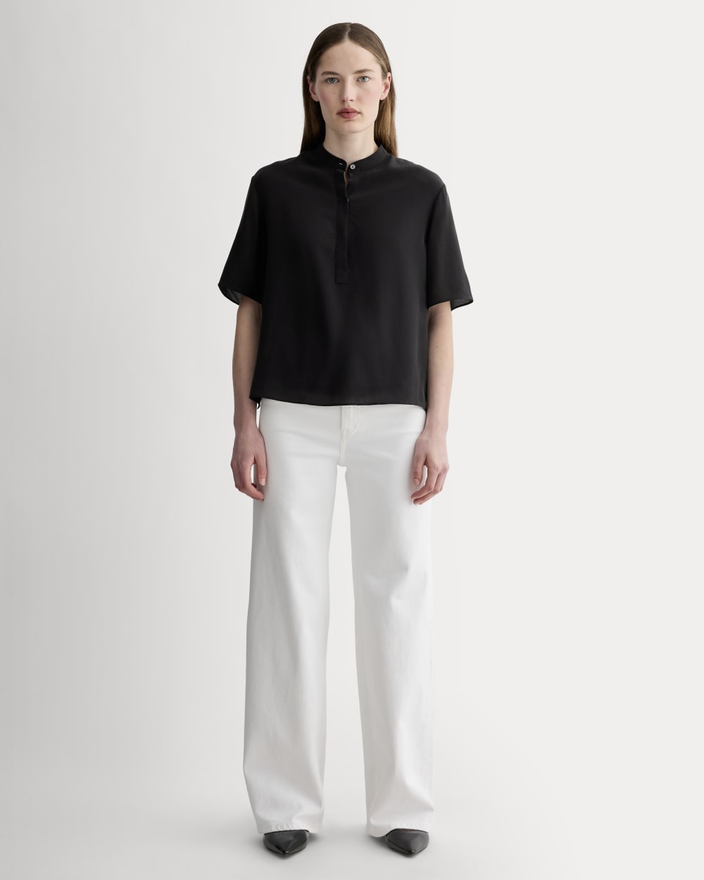 The Popover Top in Washable Silk in Black — detail view