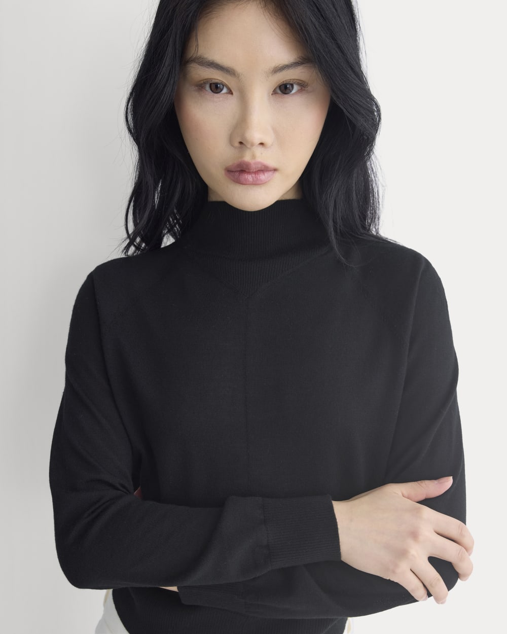 Mockneck Sweater In Ultrafine Merino in Black — detail view