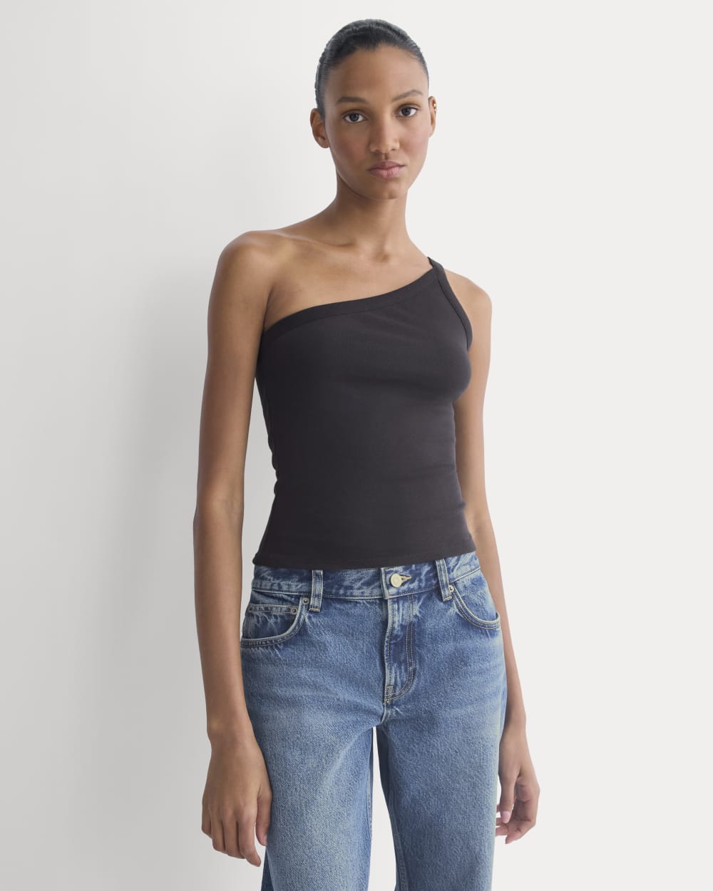 RetroSoft Cotton One-Shoulder Tank in Black — front view