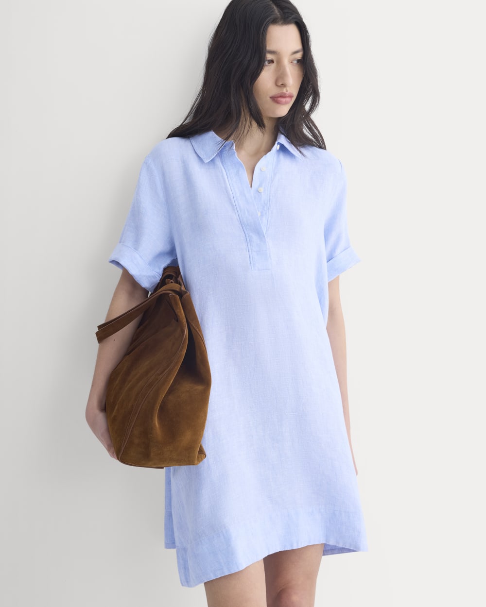 Mini Popover Shirtdress in Linen in Light Blue — detail view