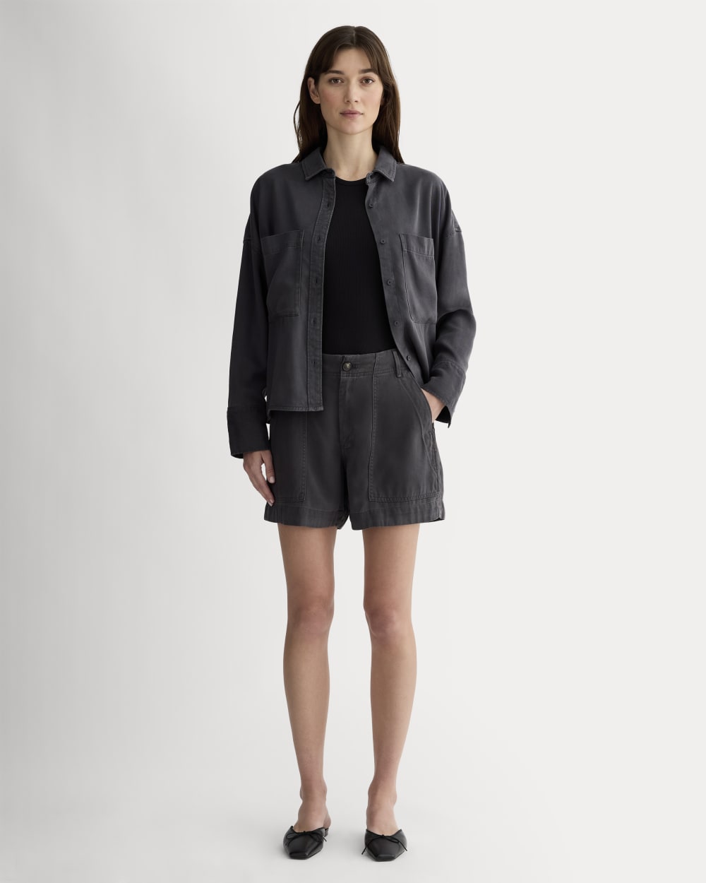 The Utility Short in Buttersoft in Graphite — front view